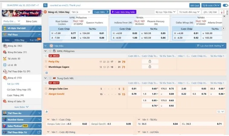 Đa dạng các tỷ lệ kèo cá cược bóng rổ 58Win