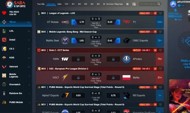 Bảng kèo cá cược Thể Thao Điện Tử Tại 58Win