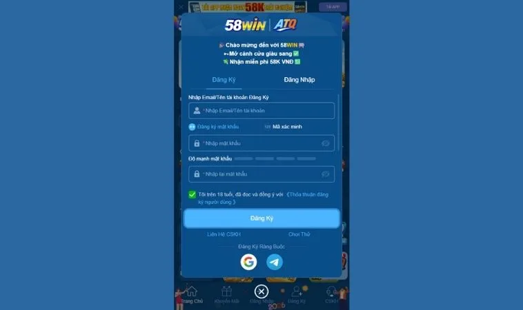 Giao diện đăng ký 58Win