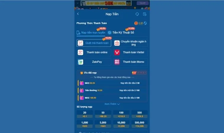Giao diện Nạp Tiền 58Win