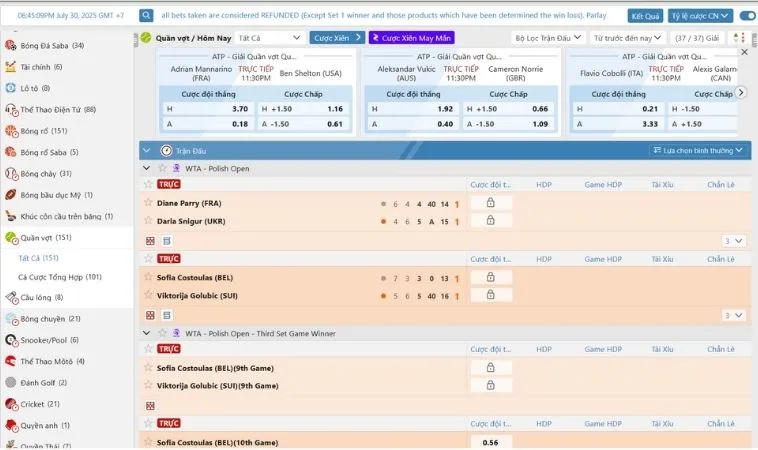 Giao diện cá cược kèo quần vợt 58Win